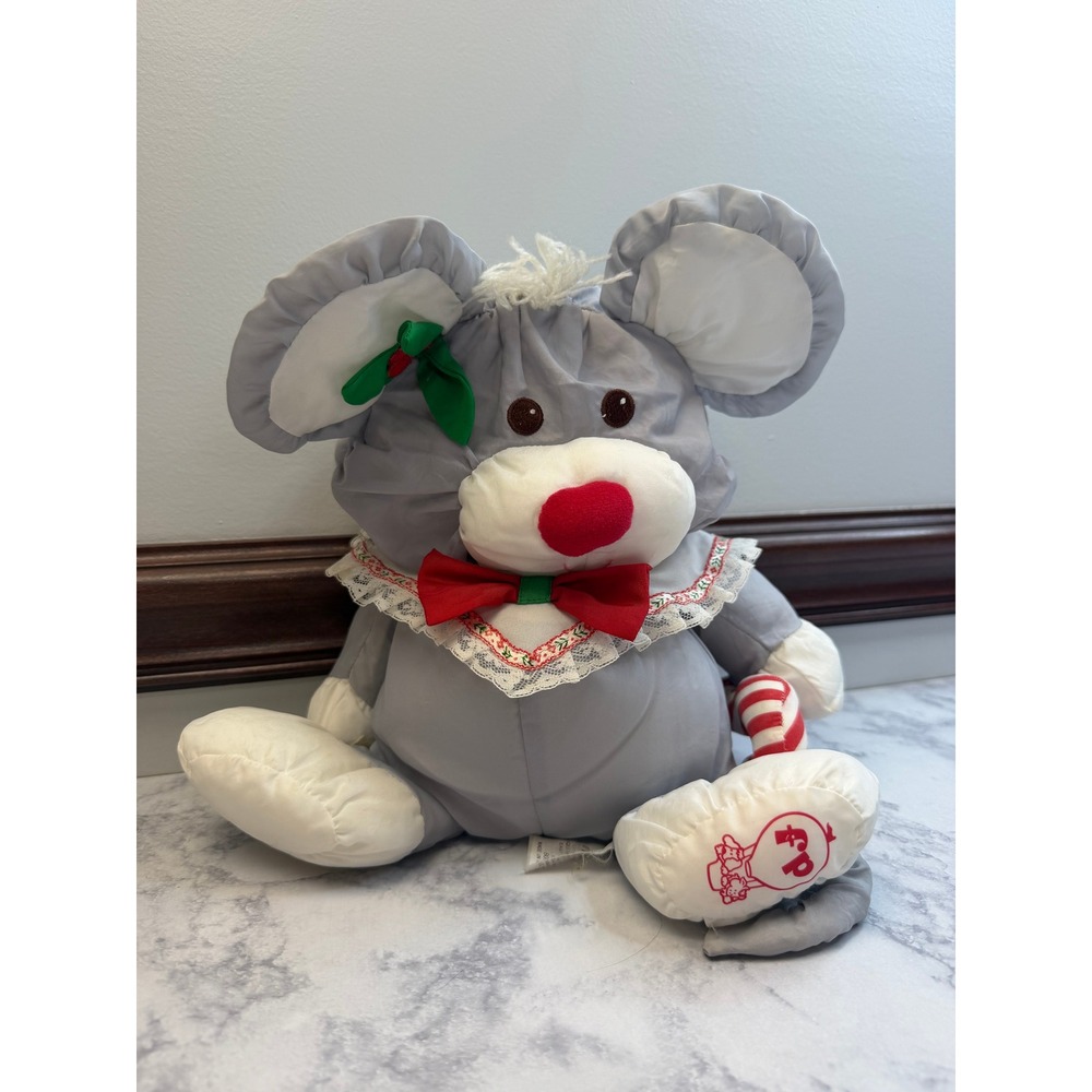 Vintage 1987 Fisher Price Christmas Mouse Plush Candy Cane 8016 Gray Red White - Picture 13 of 14